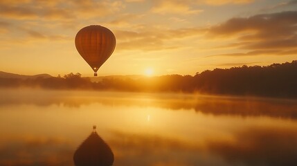 Hot air balloon soaring peacefully through the soft golden light of dawn over a tranquil lake