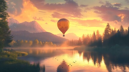 Hot air balloon soaring peacefully through the soft golden light of dawn over a tranquil lake