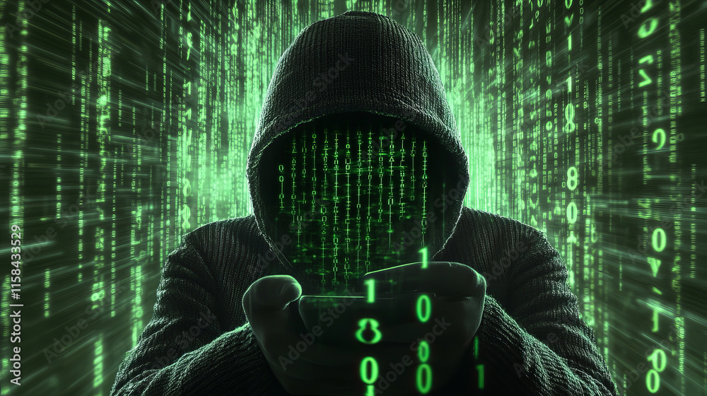 Poster fraud or scam background. abstract hacker behind the monitor hologram with programmer code. cybercri