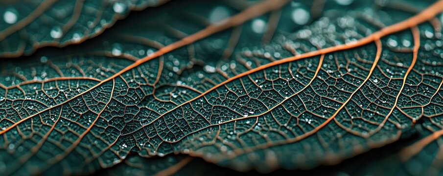 Laurel leaves abstract background idea. Close-up of green leaves with droplets, showcasing intricate textures and patterns.
