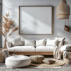 A horizontal blank frame displayed in a modern light living room with minimalist decor, soft pastel grey tones, and studio lighting.