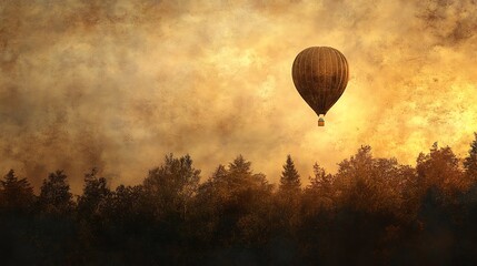 Obraz premium Hot air balloon soaring in the golden soft light of dawn above a tranquil forest