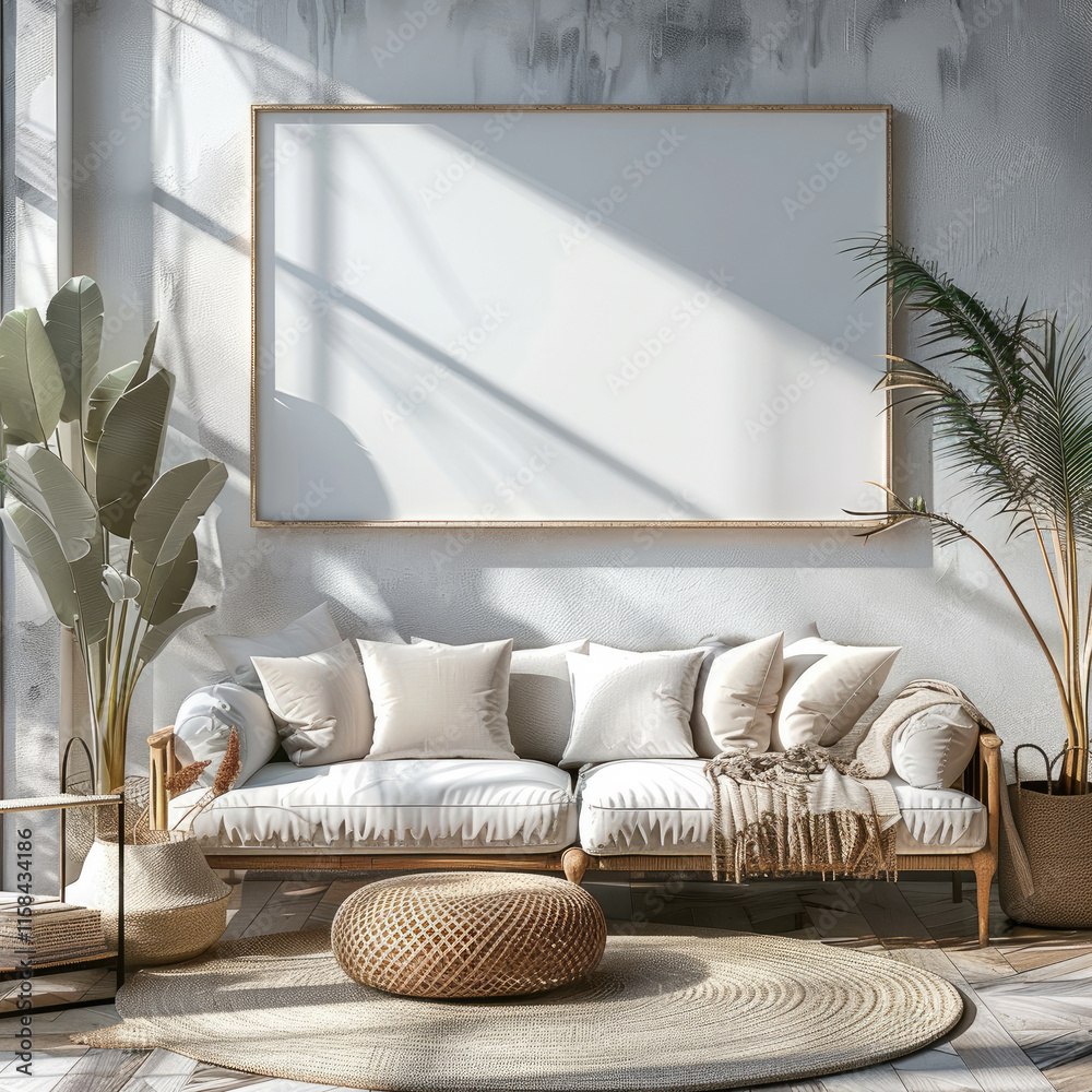 Aufkleber a horizontal blank frame displayed in a modern light living room with minimalist decor, soft pastel 