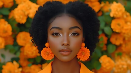 Close-up portrait of a young Black woman with orange flowers.