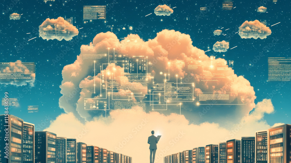 Poster abstract cloud technology with big data and interface concept connection by collecting data in the c