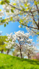 Naklejka premium Beautiful blurred spring background nature with blooming glade, trees and blue sky on a sunny day., collage style, with white tones