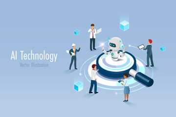 Diverse people using AI robot on magnifying glass as powerful search engine for smart data analyzing. Artificial intelligence innovation technology to define smart solution. 3D vector.