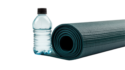 Yoga mat and water bottle for wellness practice. transparent background