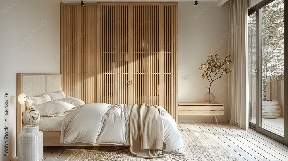 Poster the solid oak cabinet is tall and has slatted doors. it stands in the center of an empty bedroom wit