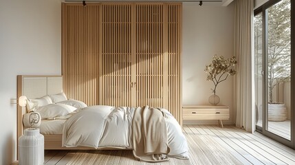 The solid oak cabinet is tall and has slatted doors. It stands in the center of an empty bedroom with light wooden walls. interior design style reflects use of natural materials like wood and fabric.