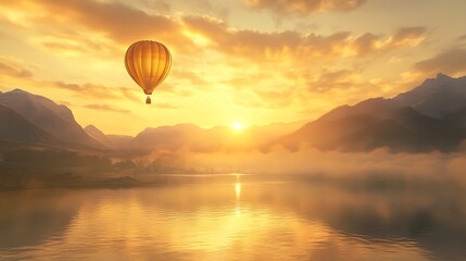Obraz premium Hot air balloon rising gracefully into the golden soft light of dawn, drifting above a lake
