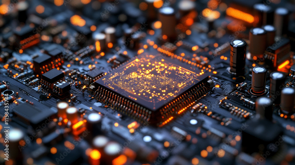 Poster abstract artificial intelligence on atomic and technology background with computer systems circuit b