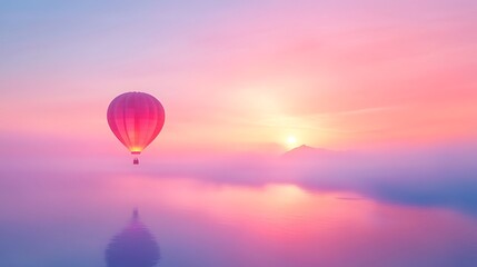 Fototapeta premium Soft morning light wrapping around a vibrant hot air balloon floating across a quiet landscape