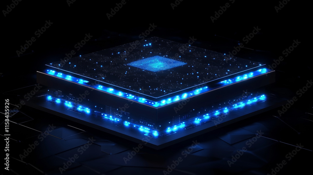 Poster ai chip background with circuit light elements in blue on technology dark background. circuit board,