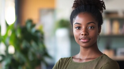 Fototapeta premium Confident young black woman entrepreneur stands in modern office setting