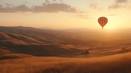 Naklejka premium Soft golden light of dawn surrounding a hot air balloon as it drifts over rolling hills