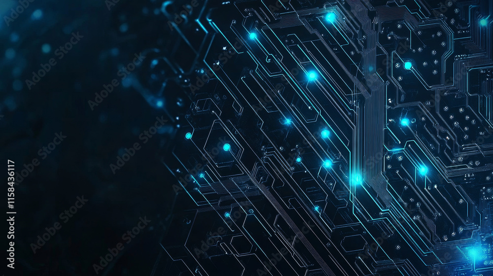 Poster ai chip background with circuit light elements in blue on technology dark background. circuit board,