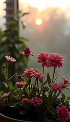 Fototapeta premium view of beautiful flower plants in the morning, craft clay, with white tones