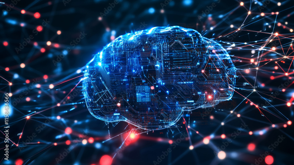 Poster abstract digital technology background. isometric ai chip with ai hologram with circuit tech bg. con