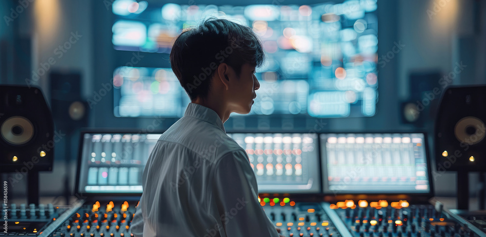 Poster A Chinese media professional operating a control panel at a broadcast production desk, The minimalistic background highlights the advanced technology and precision of the work, modern atmosphere.