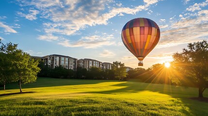Obraz premium Hot air balloon floating through the soft glow of the morning sun over a peaceful field