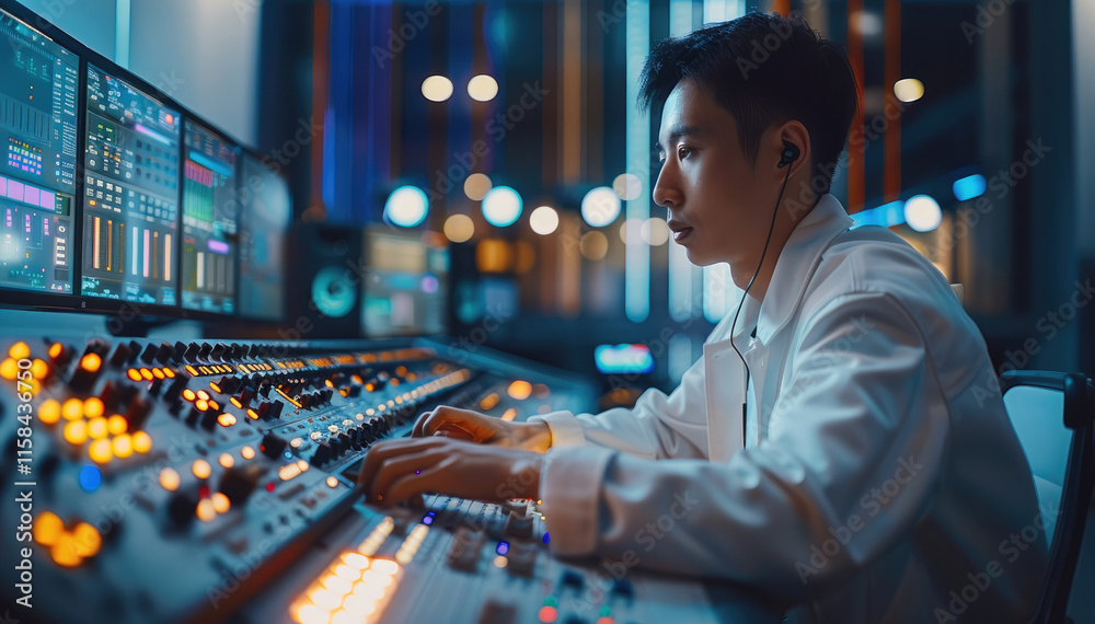 Leinwandbilder a chinese media professional operating a control panel at a broadcast production desk, the minimalis