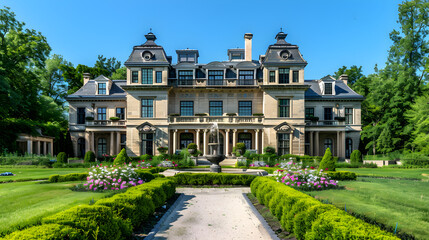 Fototapeta premium Elegant Estate with Manicured Gardens and Grand Mansion Under Clear Blue Sky