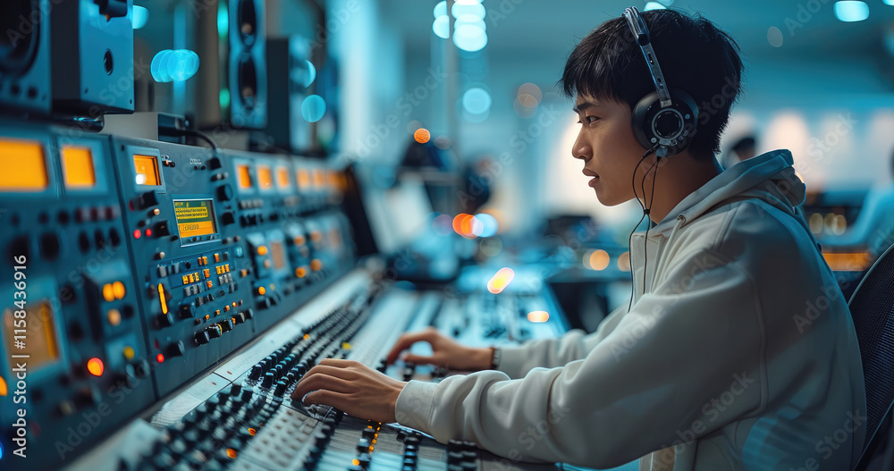 Leinwandbilder a chinese media professional operating a control panel at a broadcast production desk, the minimalis