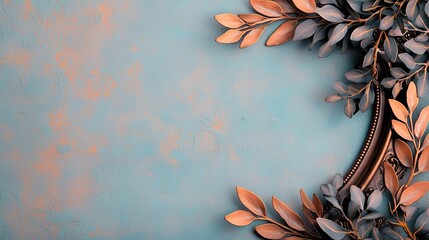 Laurel leaves abstract background idea. Beautiful leaves arranged artistically on a teal background for a serene atmosphere.