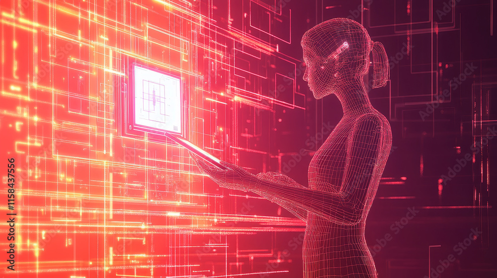 Poster abstract wireframe man holding tablet with ai chip hologram. technology innovation background. tech 