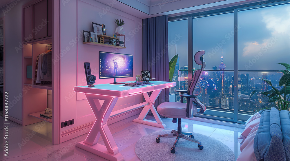 Aufkleber gaming desk in the middle of a nerds bedroom with pink and blue aesthetics and the desk has the feat