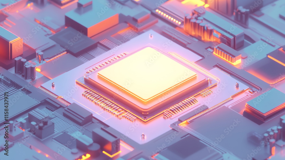Poster brightly glowing ai chip on light circuit board on technology blue background. cpu processor or semi