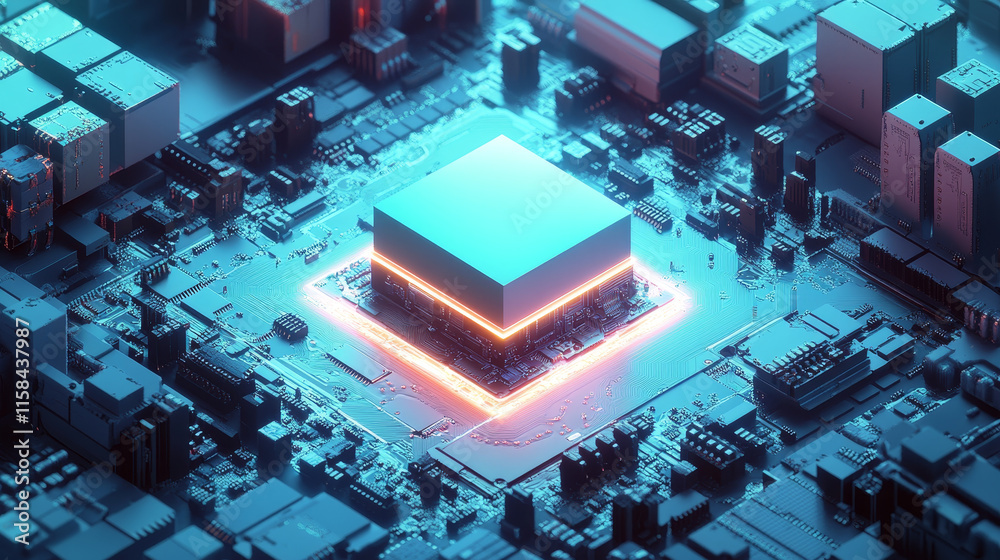 Poster brightly glowing ai chip on light circuit board on technology blue background. cpu processor or semi