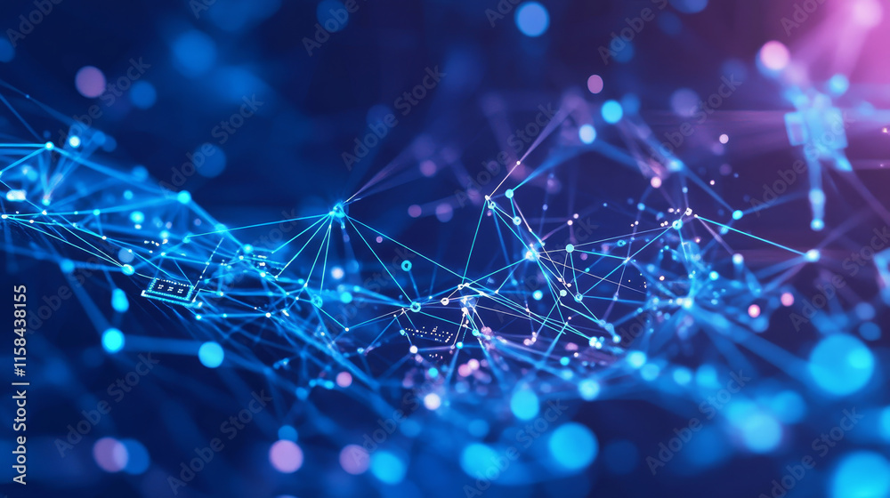 Poster abstract ai circuit board background. technology connected blue lines with electronics elements on t