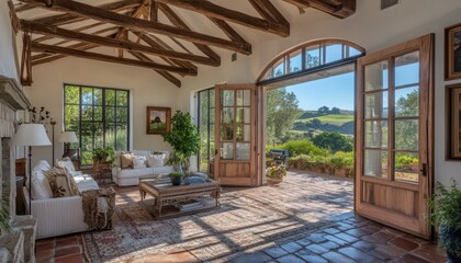 Rustic Living Room with Exposed Beams and Scenic View