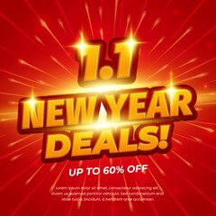 1.1 New Year Shopping day Sale discount deals Special dark Red gradient Editable text effect  yellow orange Sun rays style banner