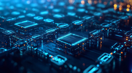 Digital square abstract and digital circuit, circle, hi-tech, blockchain, technology, cryptocurrency, decentralized on blue background, modern, futuristic.