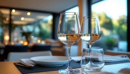 Two wine glasses on a table in a softly lit dining area with large windows, Generative AI