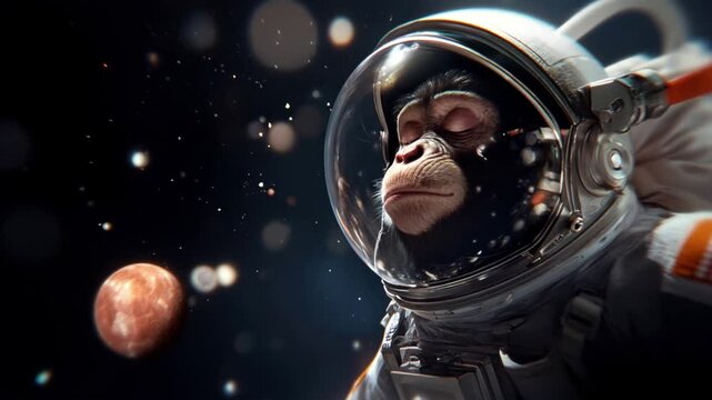 Monkey astronaut in space, surrounded by stars and planets in cosmic adventure