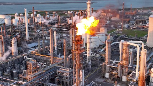 Aerial view of a chemical plant at sunset. Drone shot. Curling fire and cumin smoke filling the sky. Smoking chimneys from the factory. Chimneys of an oil refinery at sunrise pollute the environment