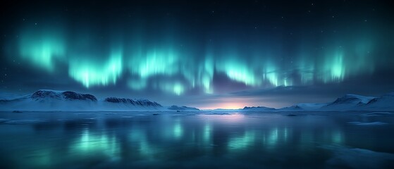 Obraz premium Arctic Aurora Borealis over calm water.