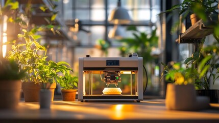 Amidst the greenery of an indoor garden, a 3D printer intricately creates various objects, highlighting the fusion of technology and nature under soft, warm lighting.