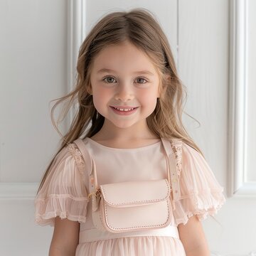 A white girl around 5 years old is wearing a light pink dress and carrying a crossbody bag. She is smiling happily.