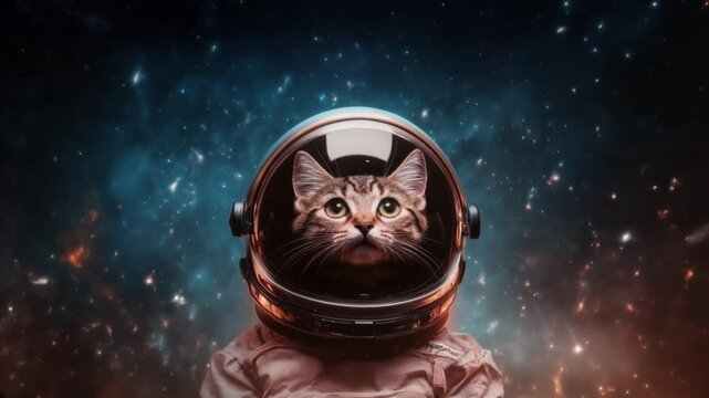 Curious cat in astronaut helmet exploring galaxy and nebula wonders of space