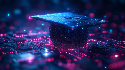 AI education or machine learning background. Abstract digital tech bg. AI chip and graduate hat in blue with light neon effects. Artificial Intelligence concept. Low poly wireframe vector illustration