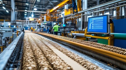 In a vibrant factory, machines meticulously assemble components as workers monitor progress. This automated line exemplifies innovation in efficient mass production during daylight hours.