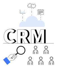 CRM text magnifying glass 6 users cloud with graph puzzle, calendar. Ideal for business, integration, analytics, team management, data, planning, enhancement. Line metaphor
