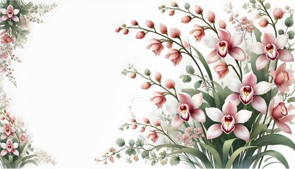 White background with a thin floral border of delicate pink orchids and green stems