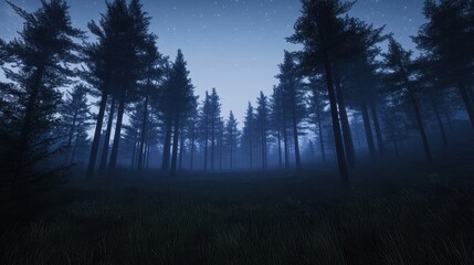 Misty forest at twilight with tall trees.