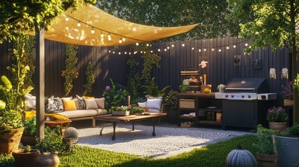 Obraz premium A cozy backyard setup with a sunshade, comfy seating, and a barbecue station, ideal for social gatherings.